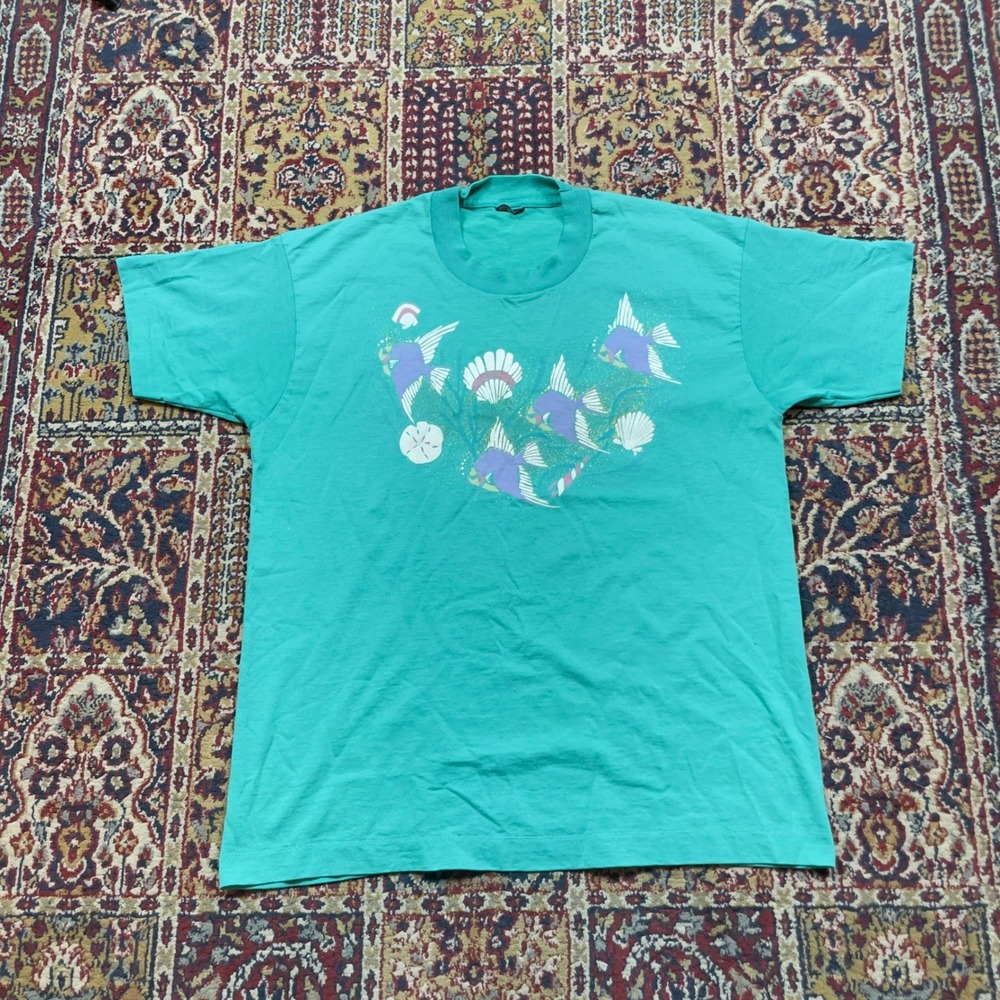 VTG 80s 90s Teal Fish Seashells Sand Dollar‎ Graphic T Shirt Adult Size L USA